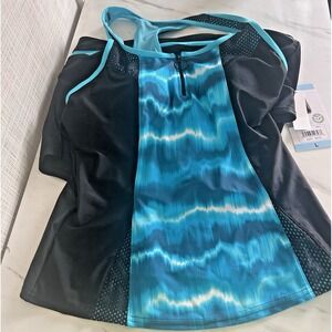 ZeroXposur Ladies Racerback Action Tankini & Swim Short Black Aqua Large $94 BxZ